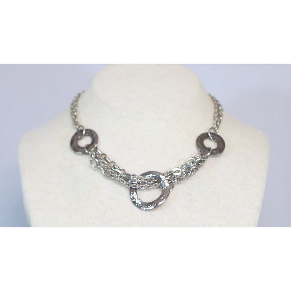 💎Silver Tone Choker Necklace Double Strand Cable Links Hammered Doughnut Discs
